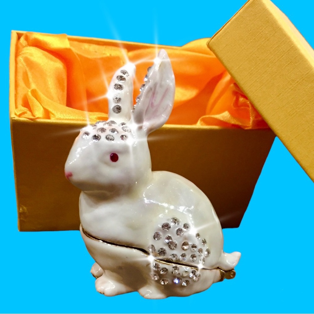 NIB Trinket Box Rabbit Bunny Jewelry Gift Box Gift ceramic Rhinestone Sparkle